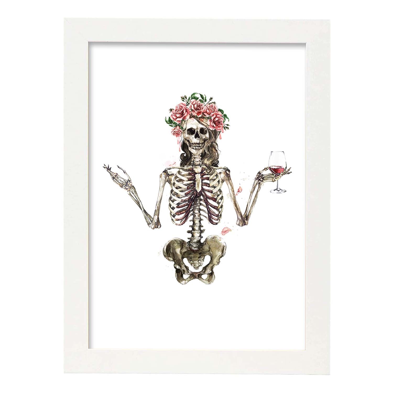 Lámina Esqueleto Chica con Vino y Flores. Posters con imágenes de Calaveras.-Artwork-Nacnic-A4-Marco Blanco-Nacnic Estudio SL