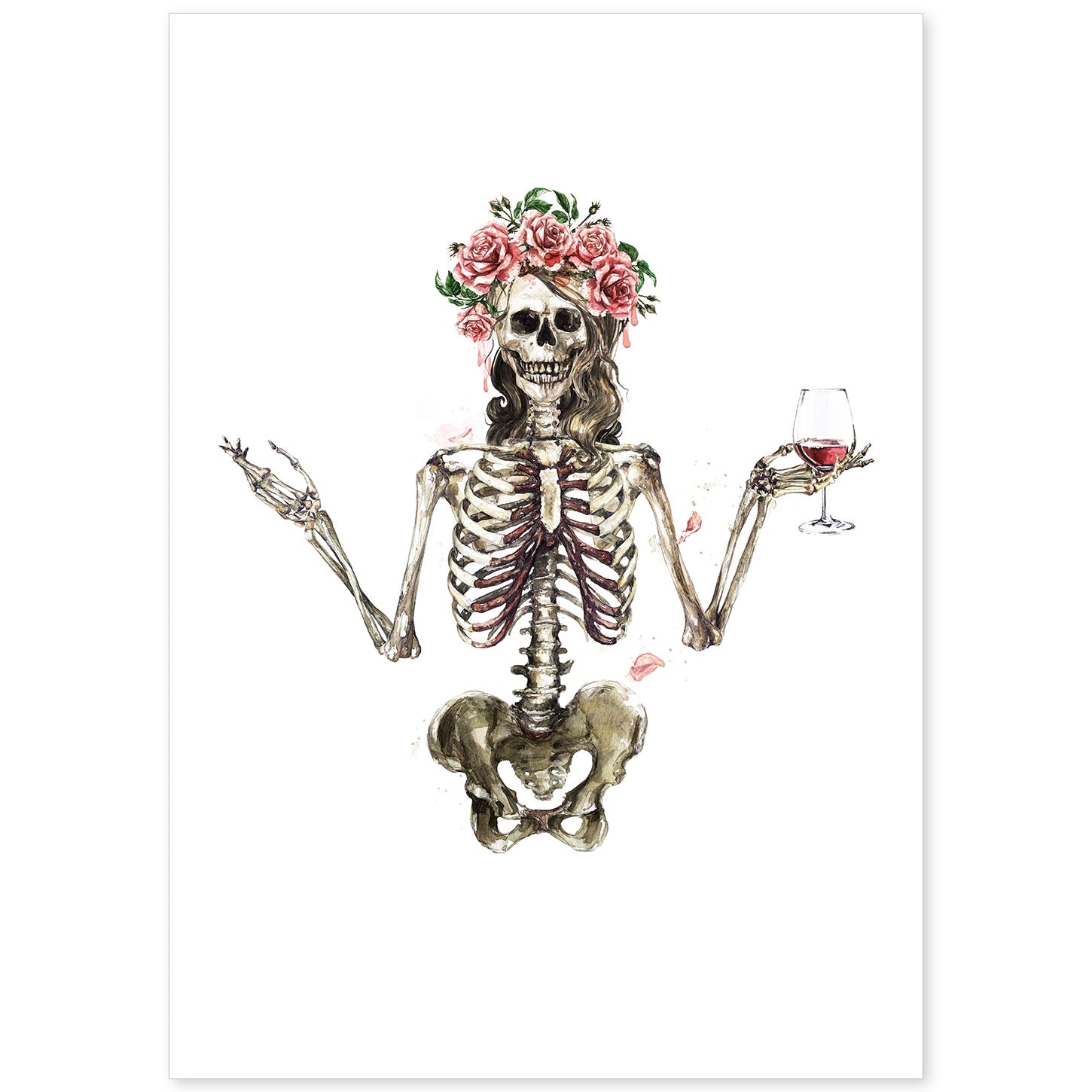 Lámina Esqueleto Chica con Vino y Flores. Posters con imágenes de Calaveras.-Artwork-Nacnic-A4-Sin marco-Nacnic Estudio SL