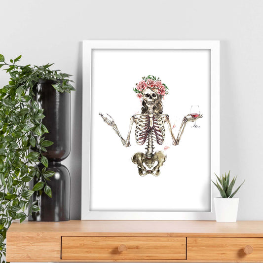 Lámina Esqueleto Chica con Vino y Flores. Posters con imágenes de Calaveras.-Artwork-Nacnic-Nacnic Estudio SL