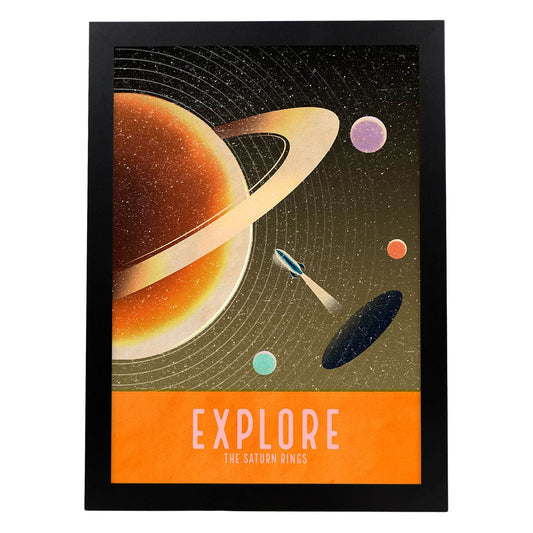 Lámina Explora. Pósters con detalladas ilustraciones del espacio. Coloridas imágenes de satélites, estrellas y planetas.-Artwork-Nacnic-A4-Marco Negro-Nacnic Estudio SL
