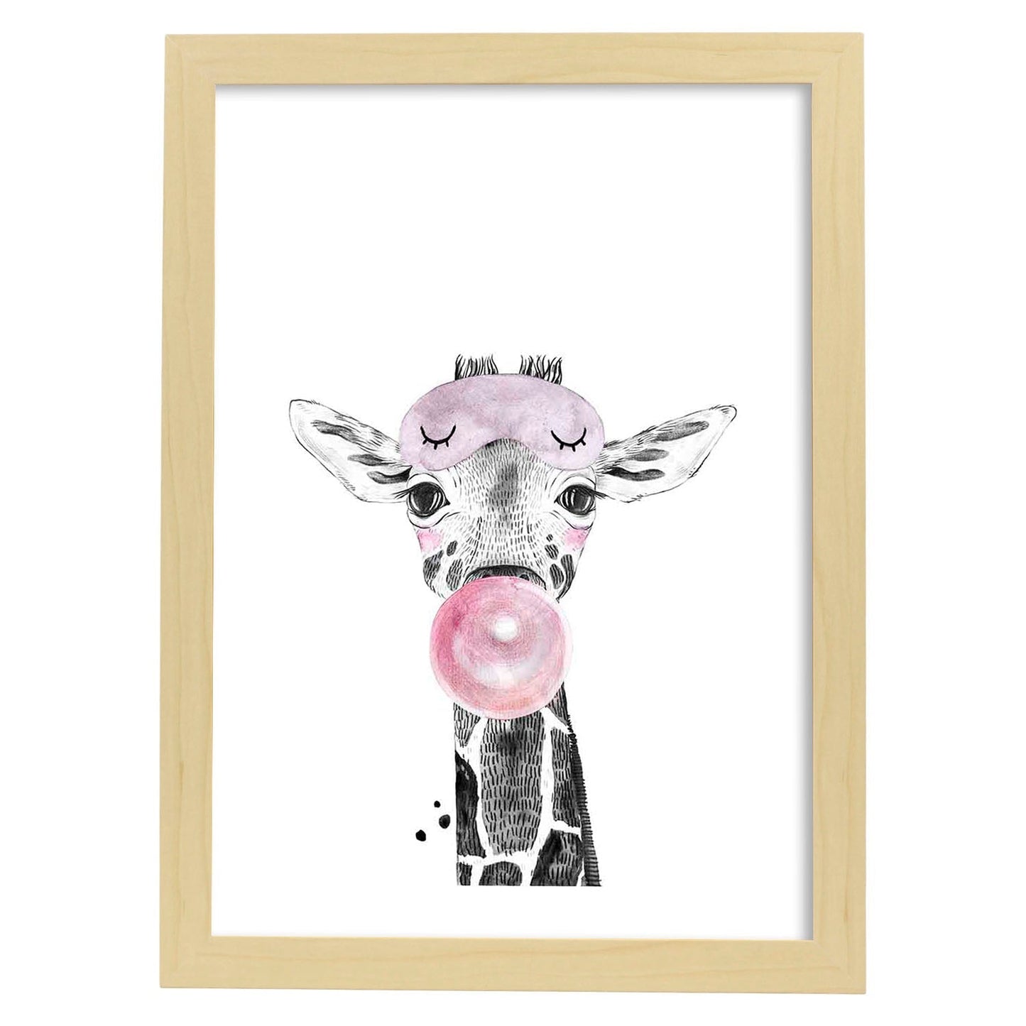 Lámina Girafa infantil con chicle poster animeles infantiles-Artwork-Nacnic-A3-Marco Madera clara-Nacnic Estudio SL