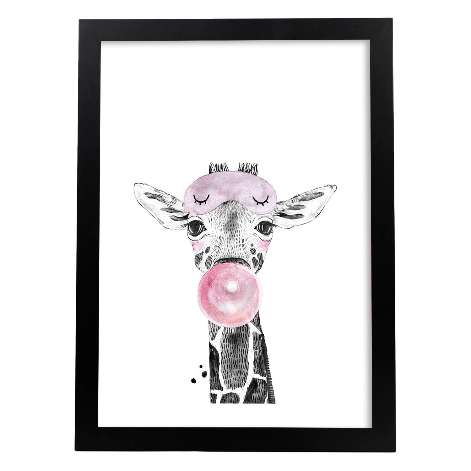 Lámina Girafa infantil con chicle poster animeles infantiles-Artwork-Nacnic-A3-Marco Negro-Nacnic Estudio SL