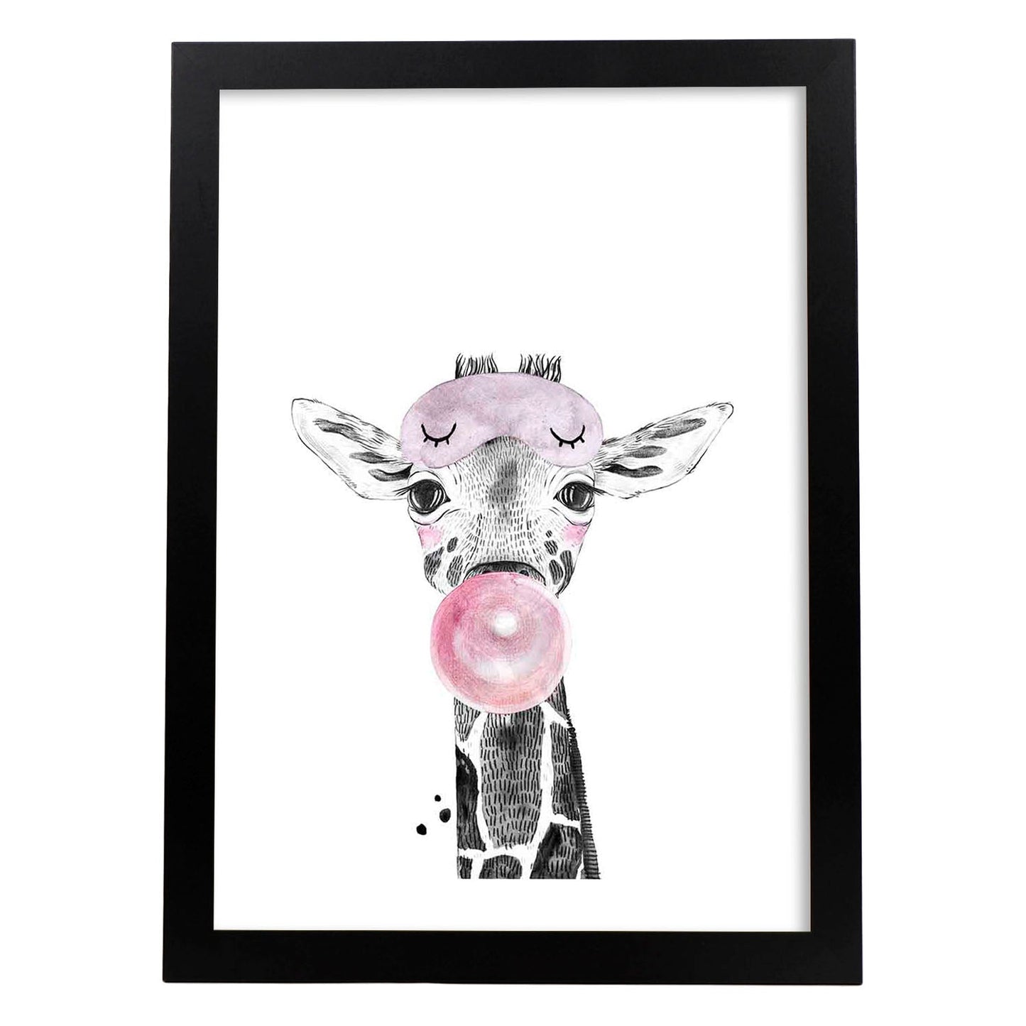 Lámina Girafa infantil con chicle poster animeles infantiles-Artwork-Nacnic-A4-Marco Negro-Nacnic Estudio SL