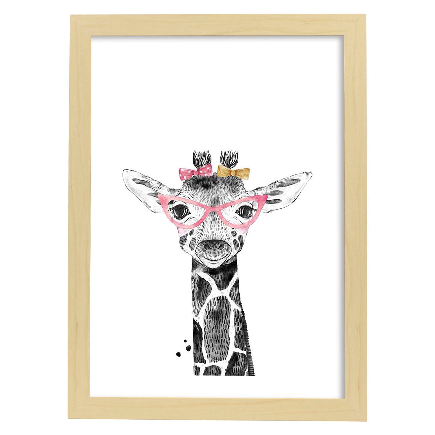 Lámina Girafa infantil con gafas poster animeles infantiles-Artwork-Nacnic-A3-Marco Madera clara-Nacnic Estudio SL