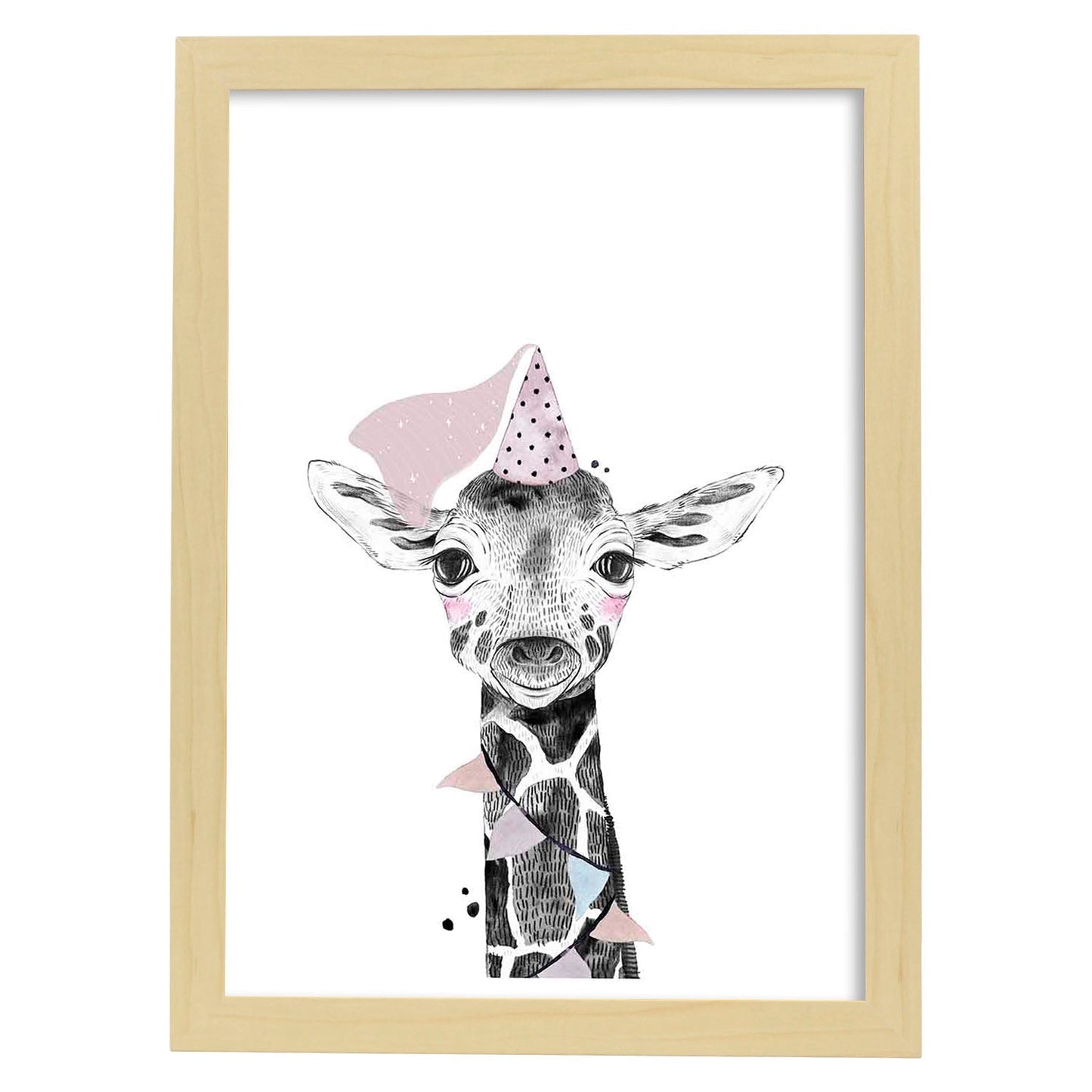 Lámina Girafa infantil de cumpleaños poster animeles infantiles-Artwork-Nacnic-A4-Marco Madera clara-Nacnic Estudio SL