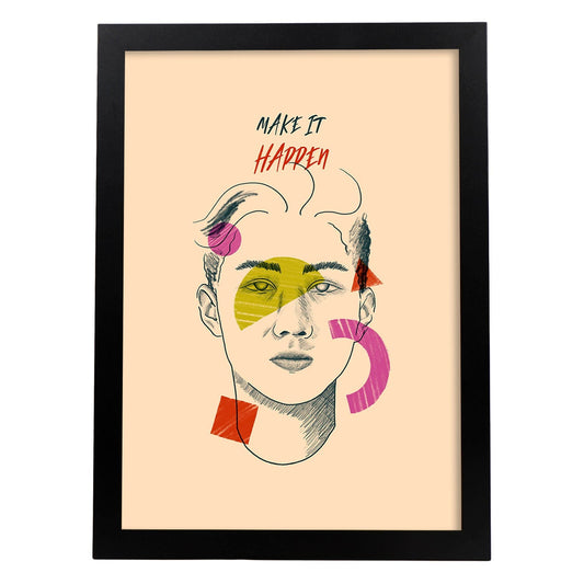 Lámina Haz que ocurra. Pósters con mensaje. Bocetos de bustos minimalistas y coloridos.-Artwork-Nacnic-A4-Marco Negro-Nacnic Estudio SL