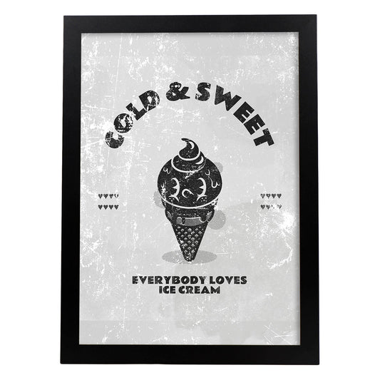 Lámina Helado. Pósters con ilustraciones de dibujos retro en tonos grises.-Artwork-Nacnic-A4-Marco Negro-Nacnic Estudio SL
