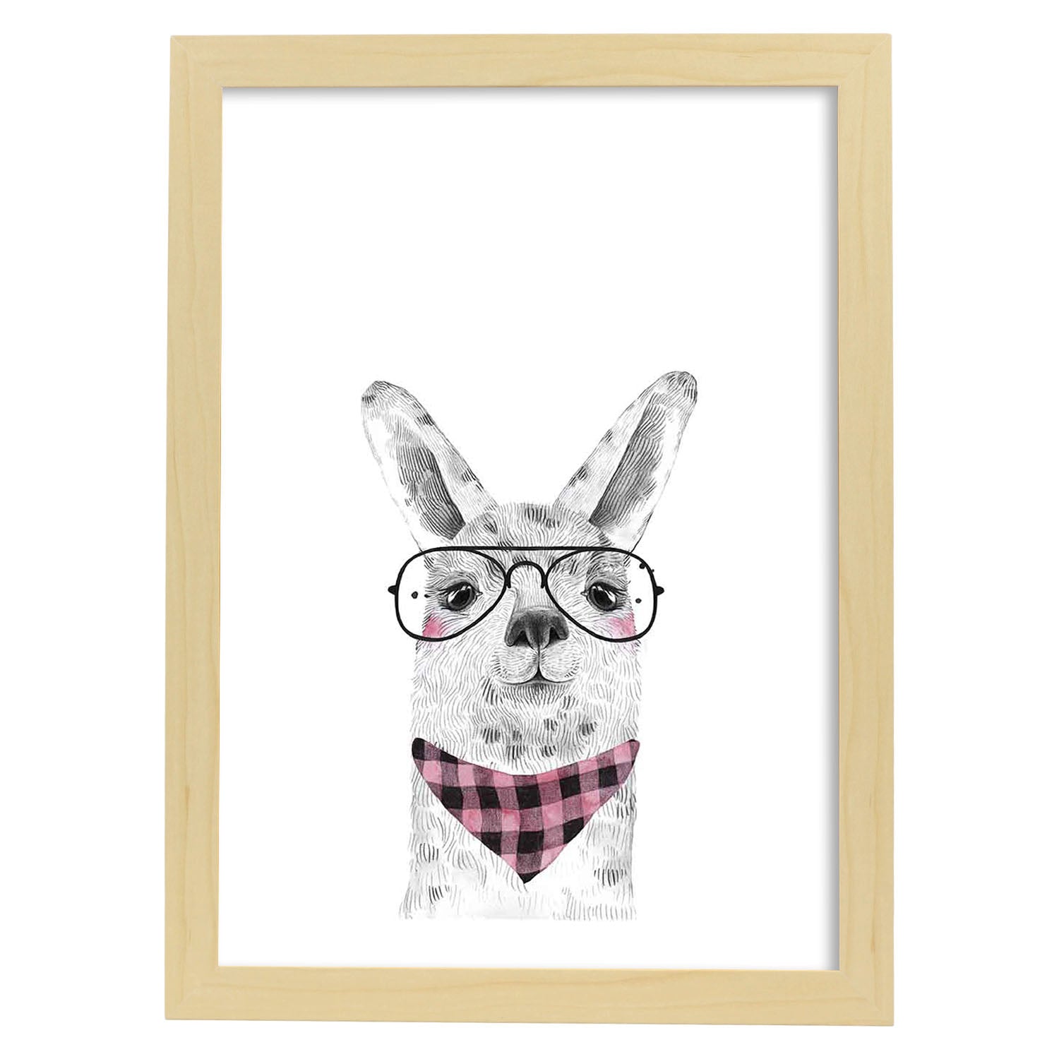 Lámina infantil Alpaca con gafas y pañuelo. Poster de animales en-Artwork-Nacnic-A3-Marco Madera clara-Nacnic Estudio SL
