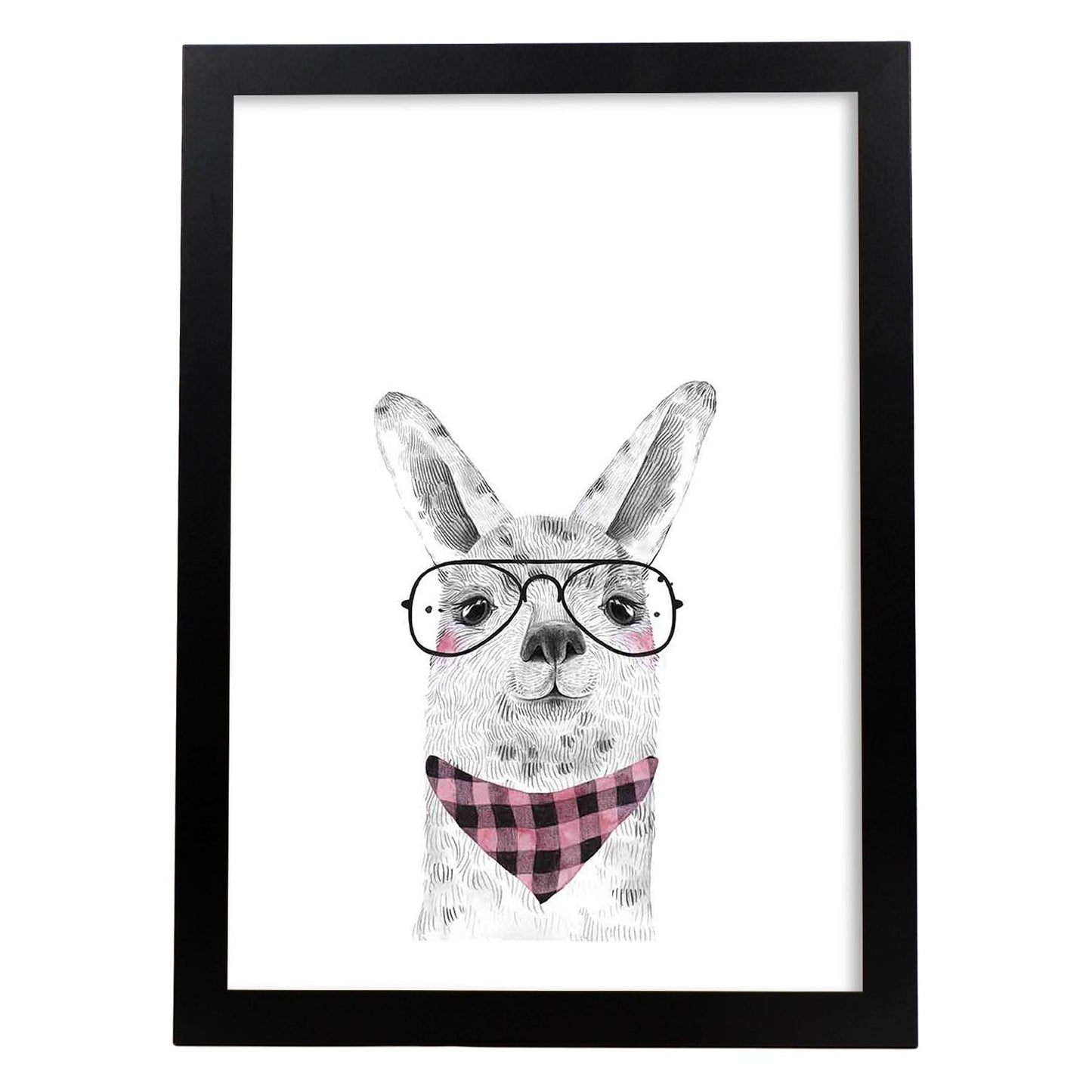 Lámina infantil Alpaca con gafas y pañuelo. Poster de animales en-Artwork-Nacnic-A3-Marco Negro-Nacnic Estudio SL