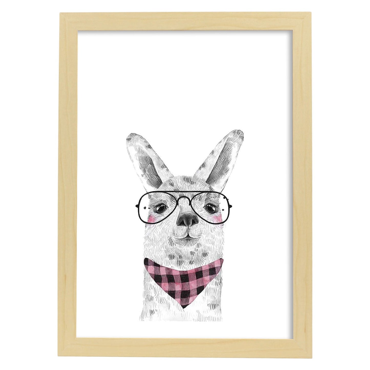 Lámina infantil Alpaca con gafas y pañuelo. Poster de animales en-Artwork-Nacnic-A4-Marco Madera clara-Nacnic Estudio SL