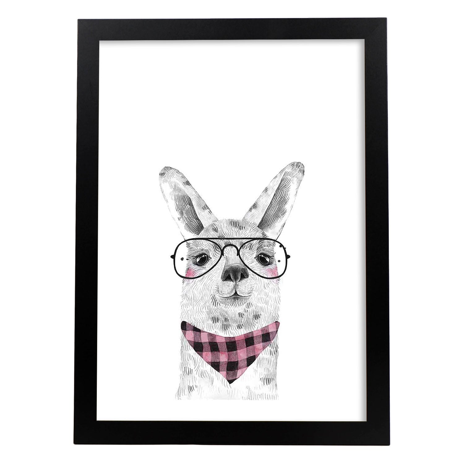 Lámina infantil Alpaca con gafas y pañuelo. Poster de animales en-Artwork-Nacnic-A4-Marco Negro-Nacnic Estudio SL