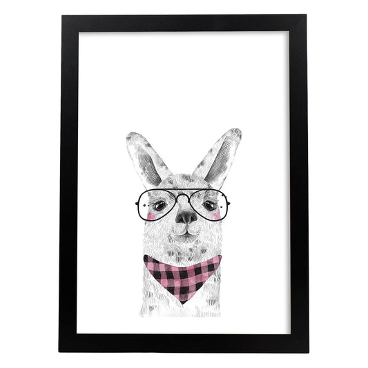 Lámina infantil Alpaca con gafas y pañuelo. Poster de animales en-Artwork-Nacnic-A4-Marco Negro-Nacnic Estudio SL