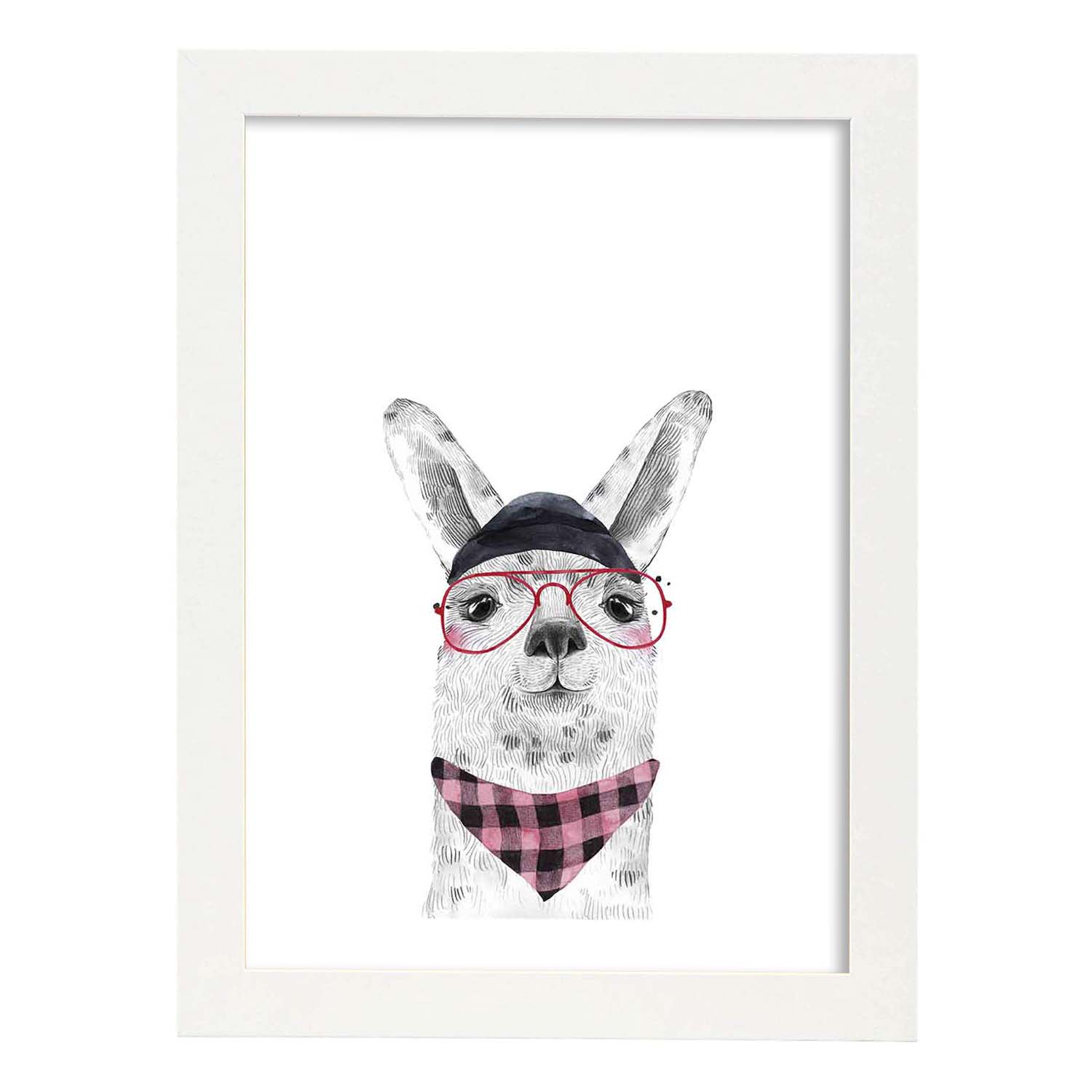 Lámina infantil Alpaca con gorro gafas y pañuelo rosa Poster de animales en-Artwork-Nacnic-A3-Marco Blanco-Nacnic Estudio SL