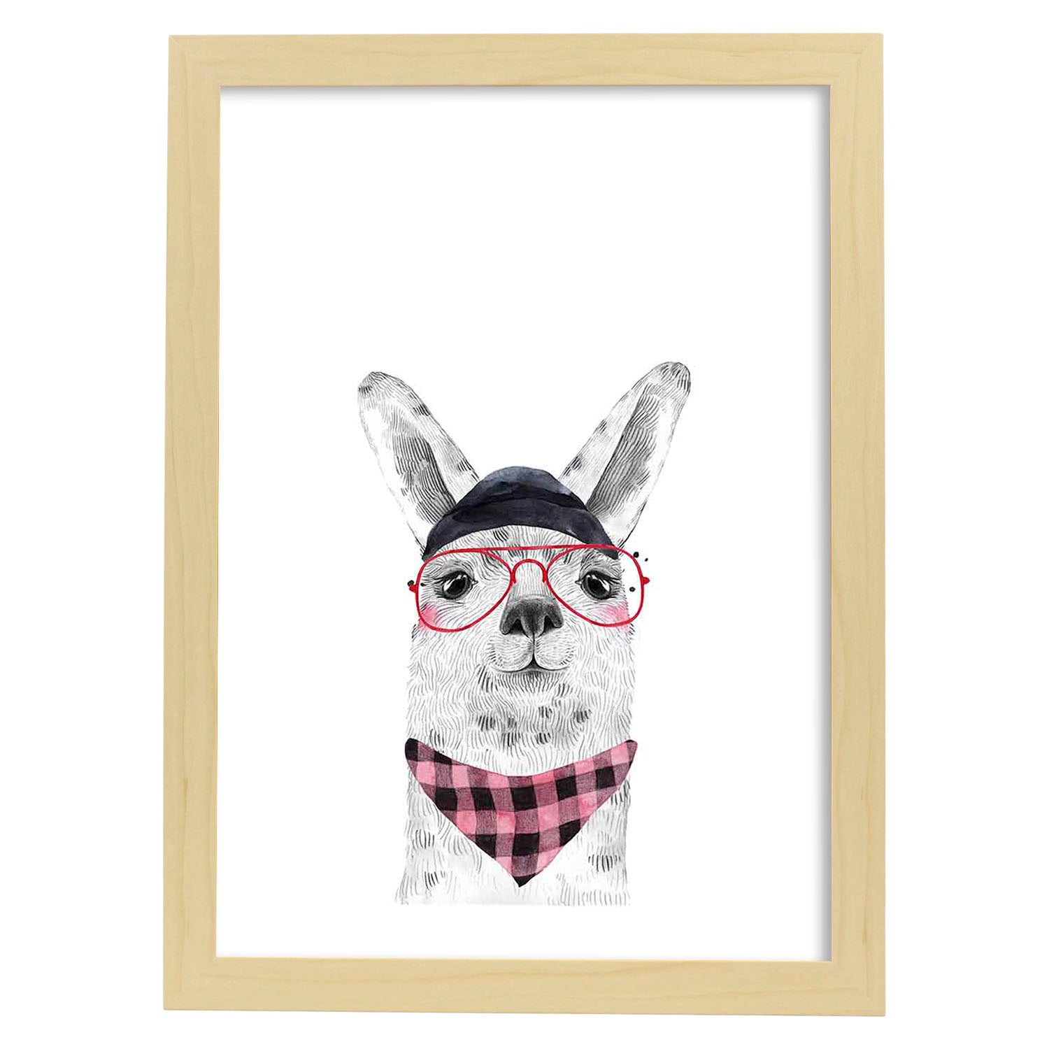 Lámina infantil Alpaca con gorro gafas y pañuelo rosa Poster de animales en-Artwork-Nacnic-A3-Marco Madera clara-Nacnic Estudio SL