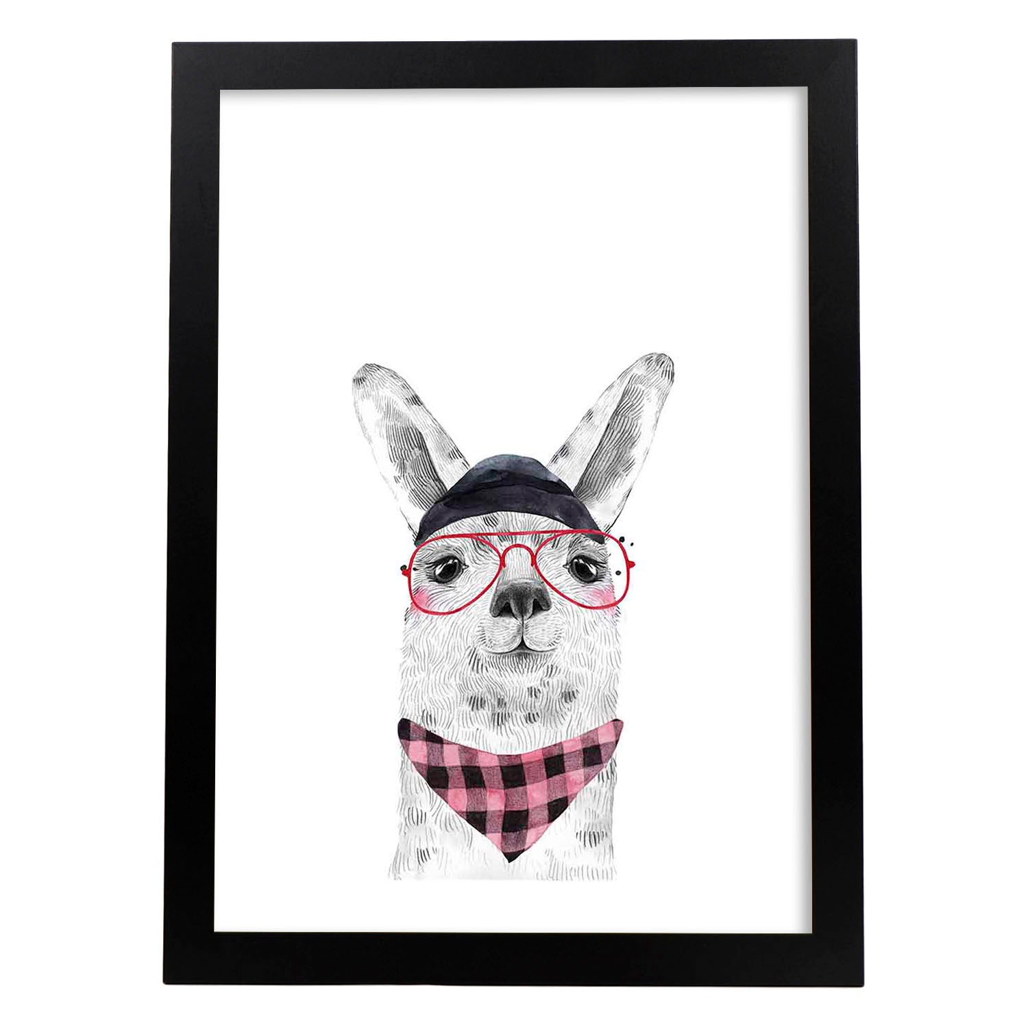 Lámina infantil Alpaca con gorro gafas y pañuelo rosa Poster de animales en-Artwork-Nacnic-A3-Marco Negro-Nacnic Estudio SL