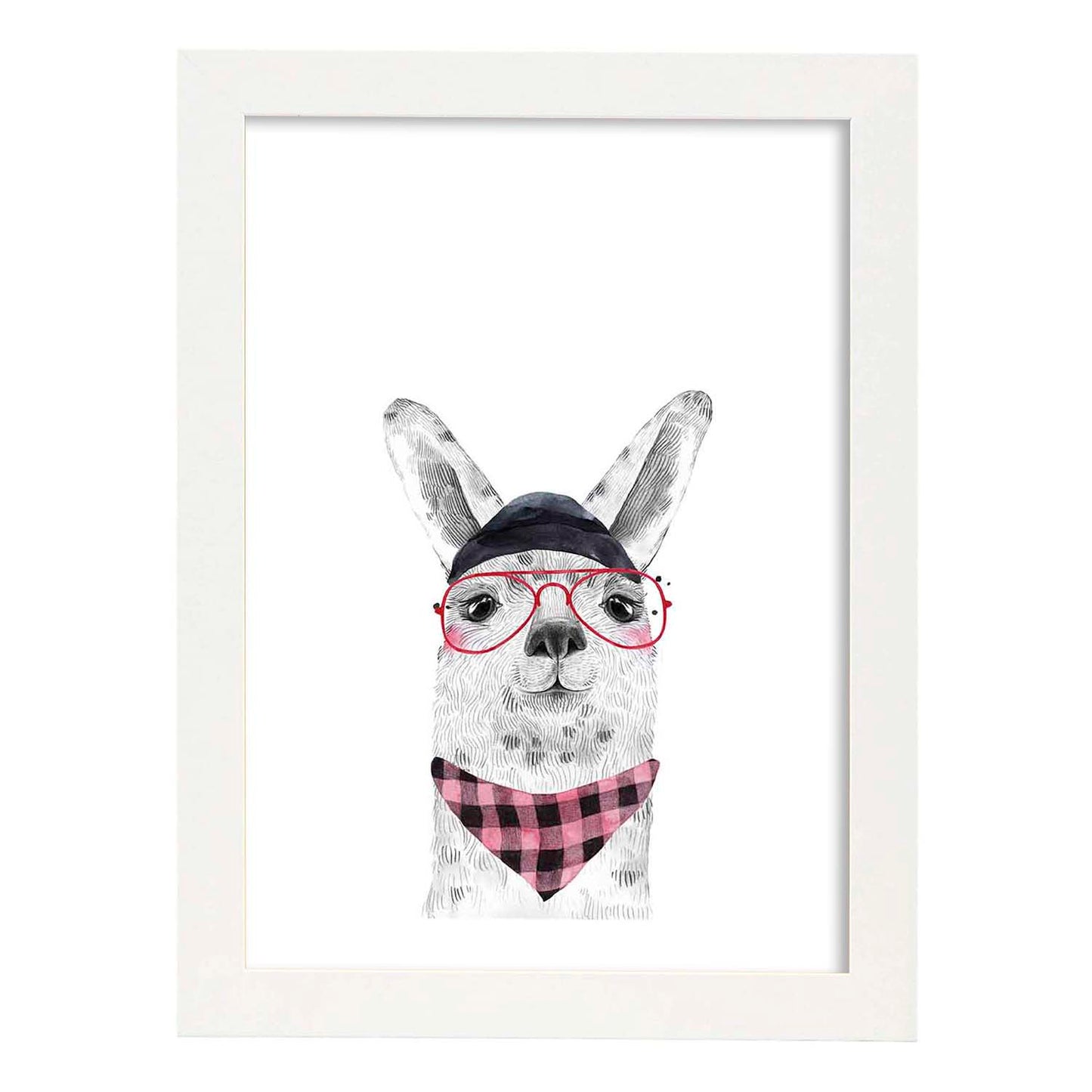 Lámina infantil Alpaca con gorro gafas y pañuelo rosa Poster de animales en-Artwork-Nacnic-A4-Marco Blanco-Nacnic Estudio SL