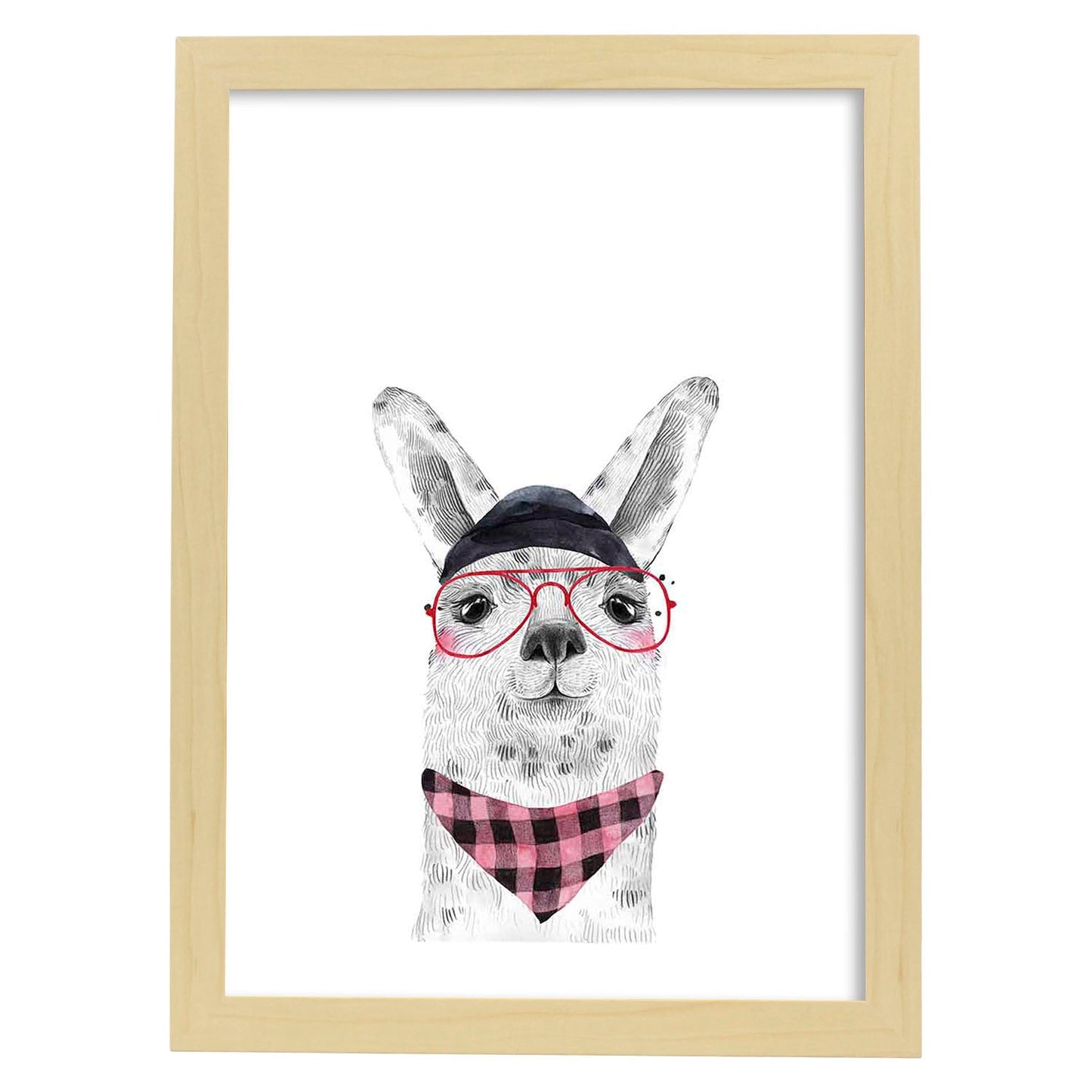 Lámina infantil Alpaca con gorro gafas y pañuelo rosa Poster de animales en-Artwork-Nacnic-A4-Marco Madera clara-Nacnic Estudio SL