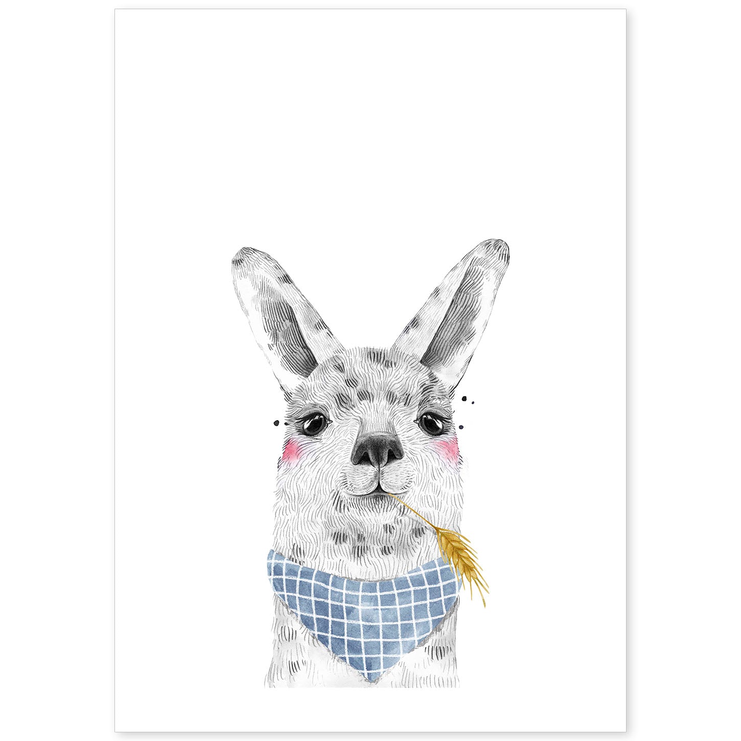 Lámina infantil Alpaca con pañuelo azul comiendo trigo Poster de animales en-Artwork-Nacnic-A4-Sin marco-Nacnic Estudio SL