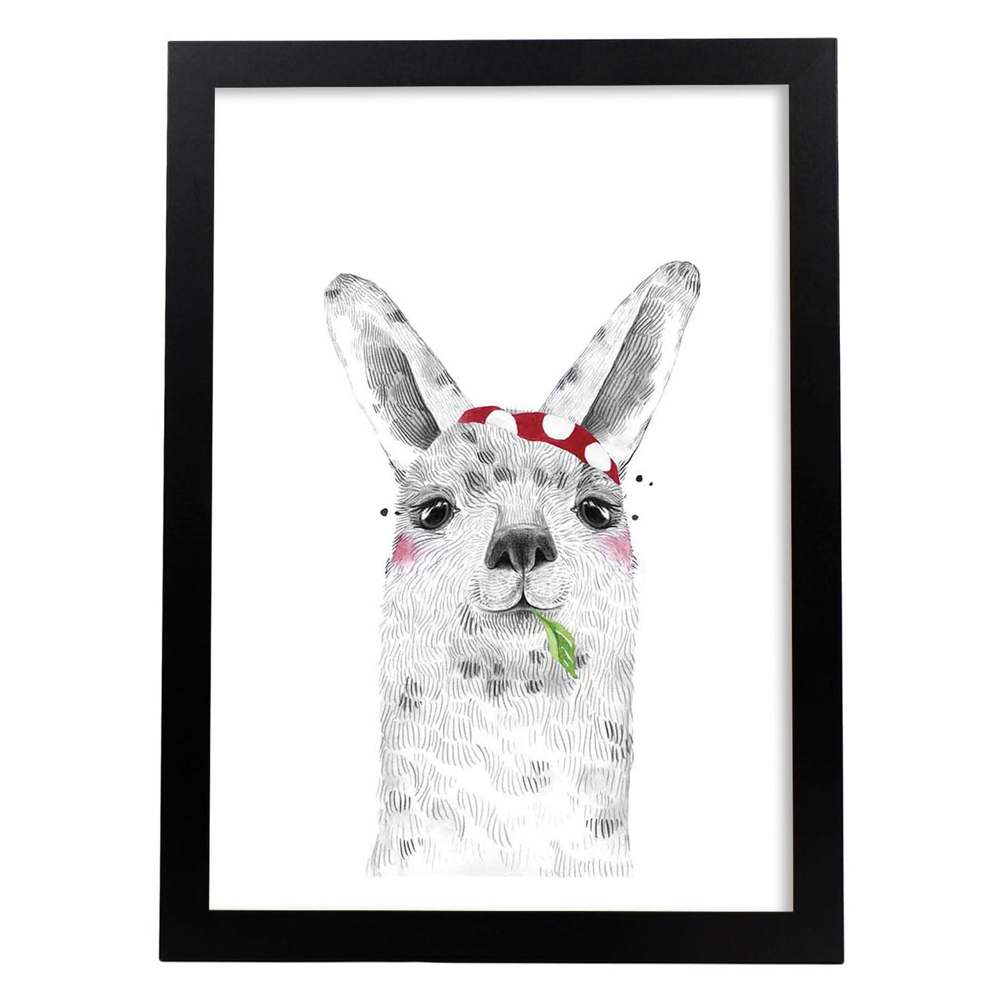 Lámina infantil Alpaca con panuelo rojo comiendo Poster de animales en-Artwork-Nacnic-A4-Marco Negro-Nacnic Estudio SL