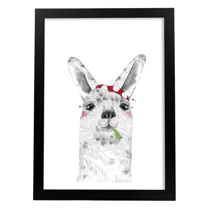 Lámina infantil Alpaca con panuelo rojo comiendo Poster de animales en-Artwork-Nacnic-A4-Marco Negro-Nacnic Estudio SL