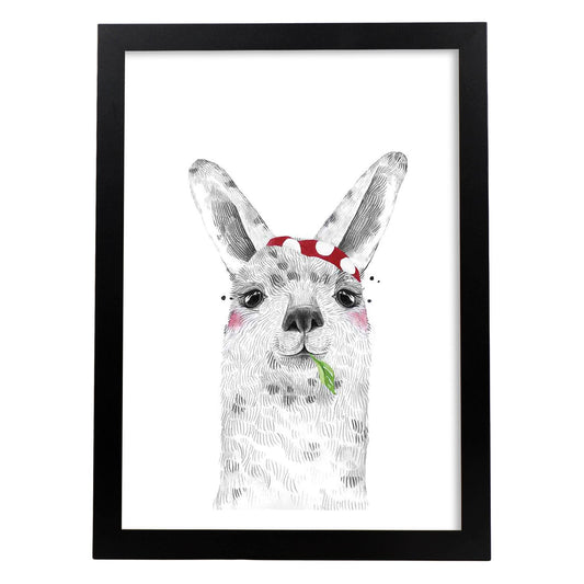 Lámina infantil Alpaca con panuelo rojo comiendo Poster de animales en-Artwork-Nacnic-A4-Marco Negro-Nacnic Estudio SL