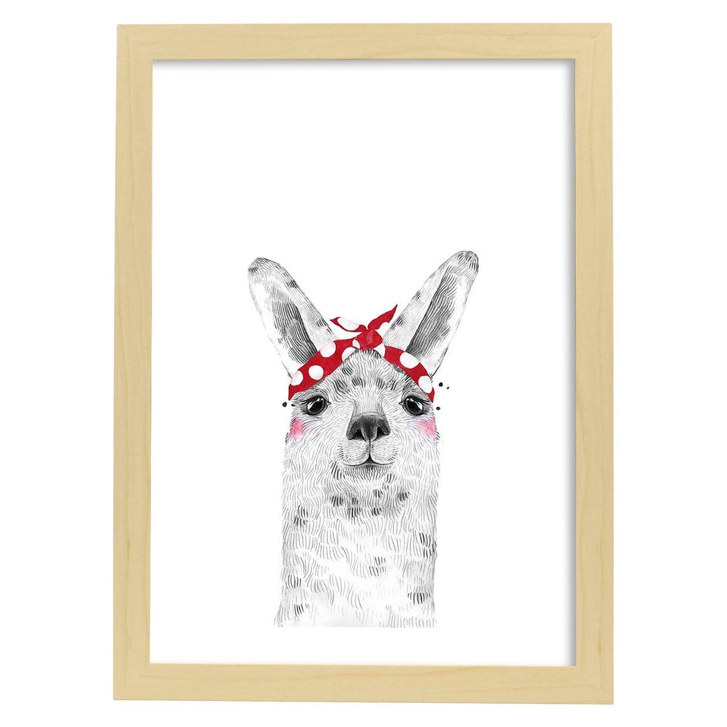 Lámina infantil Alpaca con pañuelo rojo en la cabeza Poster de animales en-Artwork-Nacnic-A3-Marco Madera clara-Nacnic Estudio SL