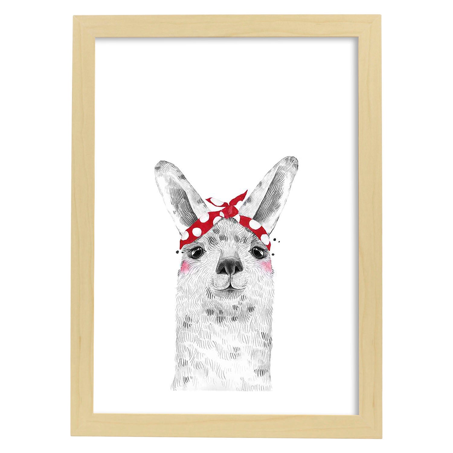 Lámina infantil Alpaca con pañuelo rojo en la cabeza Poster de animales en-Artwork-Nacnic-A4-Marco Madera clara-Nacnic Estudio SL