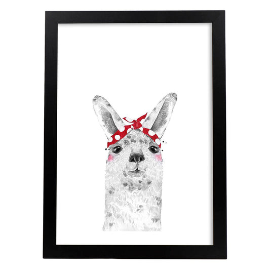 Lámina infantil Alpaca con pañuelo rojo en la cabeza Poster de animales en-Artwork-Nacnic-A4-Marco Negro-Nacnic Estudio SL