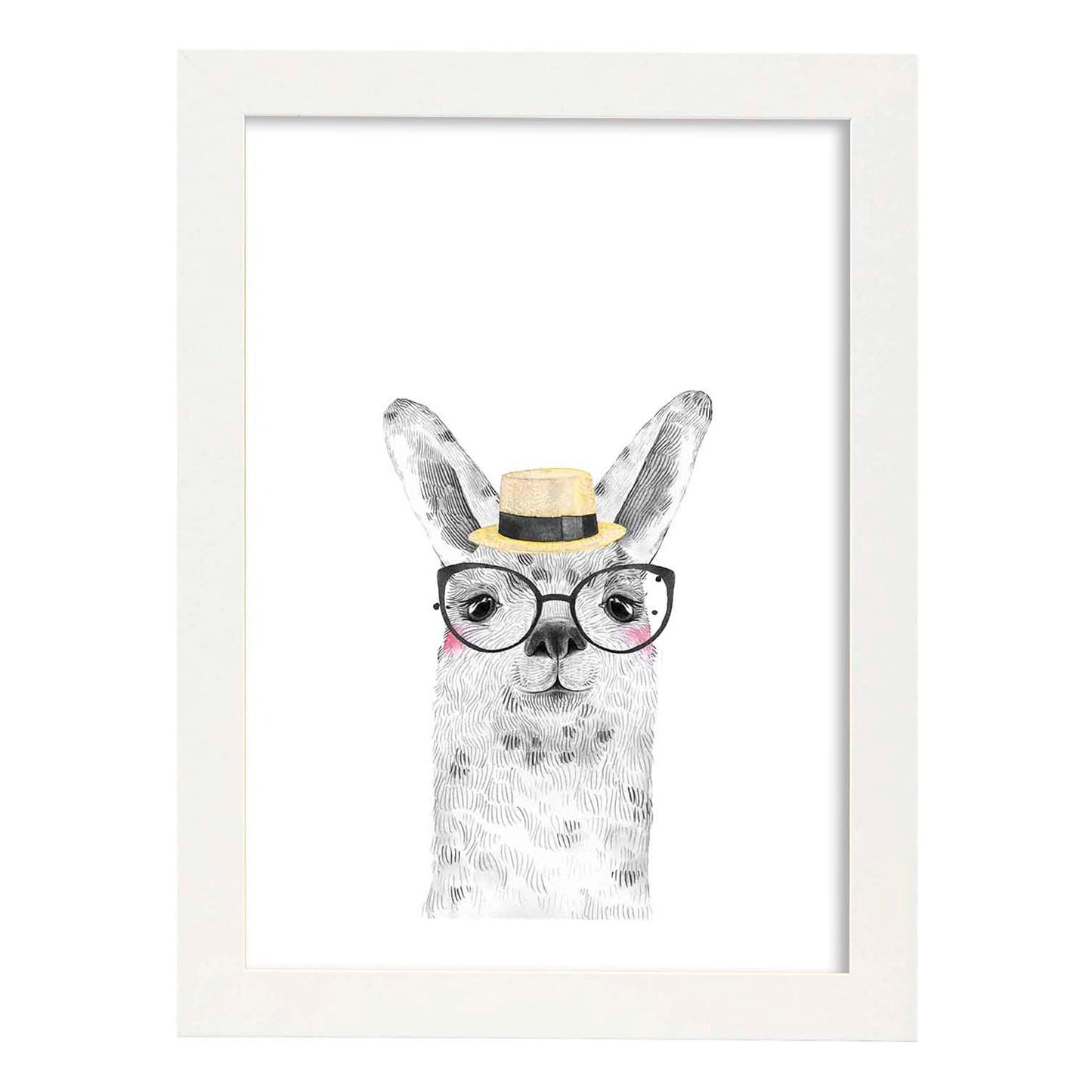 Lámina infantil Alpaca con sombrero de paja y gafas Poster de animales en-Artwork-Nacnic-A3-Marco Blanco-Nacnic Estudio SL