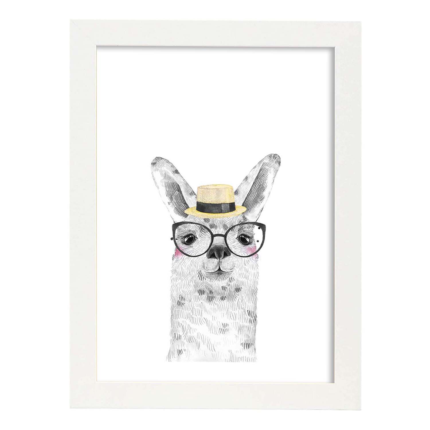 Lámina infantil Alpaca con sombrero de paja y gafas Poster de animales en-Artwork-Nacnic-A3-Marco Blanco-Nacnic Estudio SL