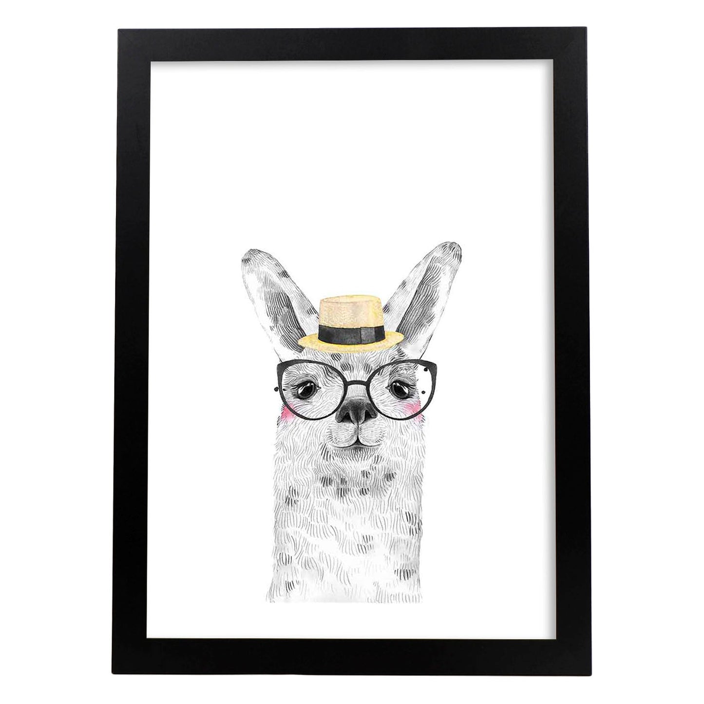 Lámina infantil Alpaca con sombrero de paja y gafas Poster de animales en-Artwork-Nacnic-A3-Marco Negro-Nacnic Estudio SL