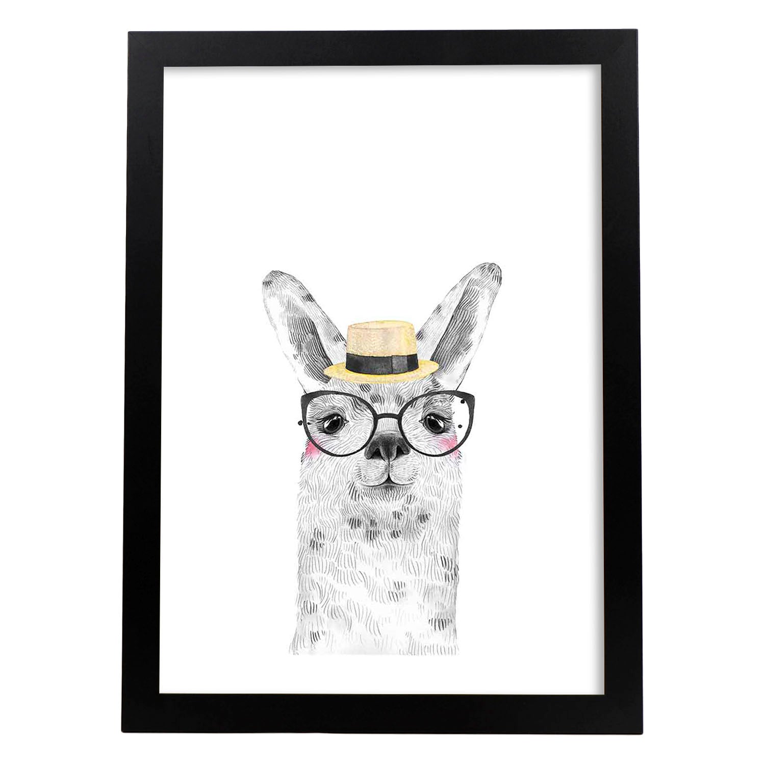 Lámina infantil Alpaca con sombrero de paja y gafas Poster de animales en-Artwork-Nacnic-A3-Marco Negro-Nacnic Estudio SL