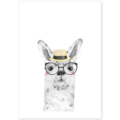Lámina infantil Alpaca con sombrero de paja y gafas Poster de animales en-Artwork-Nacnic-A4-Sin marco-Nacnic Estudio SL