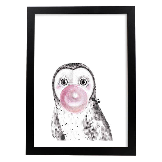 Lámina infantil Buho bebe comiendo chicle Poster animales infantiles-Artwork-Nacnic-A4-Marco Negro-Nacnic Estudio SL