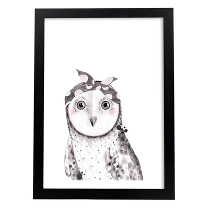 Lámina infantil Buho bebe con pañuelo gris y rosa Poster animales infantiles-Artwork-Nacnic-A4-Marco Negro-Nacnic Estudio SL