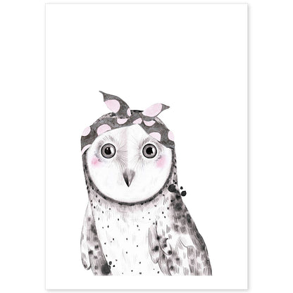 Lámina infantil Buho bebe con pañuelo gris y rosa Poster animales infantiles-Artwork-Nacnic-A4-Sin marco-Nacnic Estudio SL