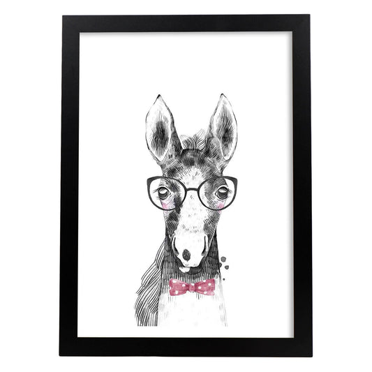 Lámina infantil Caballo bebe con gafas y pajarita Poster infantil-Artwork-Nacnic-A4-Marco Negro-Nacnic Estudio SL