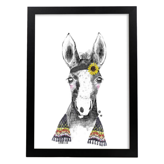 Lámina infantil Caballo bebe con pañuelo y flores poster animales infantiles-Artwork-Nacnic-A4-Marco Negro-Nacnic Estudio SL