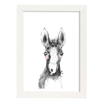 Lámina infantil Caballo bebe en blanco y negro poster animales infantiles-Artwork-Nacnic-A4-Marco Blanco-Nacnic Estudio SL