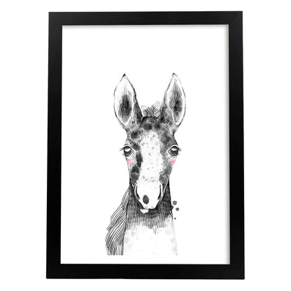 Lámina infantil Caballo bebe en blanco y negro poster animales infantiles-Artwork-Nacnic-A4-Marco Negro-Nacnic Estudio SL