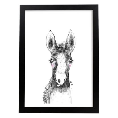 Lámina infantil Caballo bebe en blanco y negro Poster infantil-Artwork-Nacnic-A4-Marco Negro-Nacnic Estudio SL