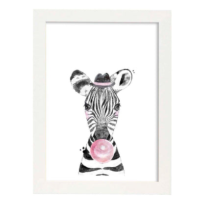 Lámina infantil Cebra infantil comiendo chicle Poster animales infantiles-Artwork-Nacnic-A4-Marco Blanco-Nacnic Estudio SL