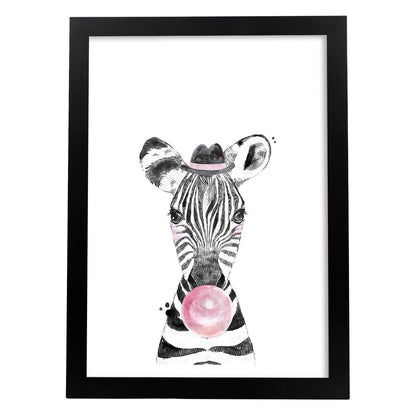 Lámina infantil Cebra infantil comiendo chicle Poster animales infantiles-Artwork-Nacnic-A4-Marco Negro-Nacnic Estudio SL