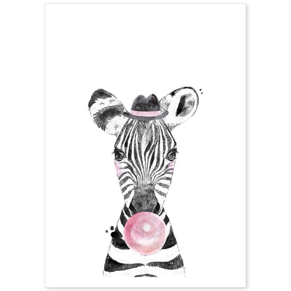 Lámina infantil Cebra infantil comiendo chicle Poster animales infantiles-Artwork-Nacnic-A4-Sin marco-Nacnic Estudio SL