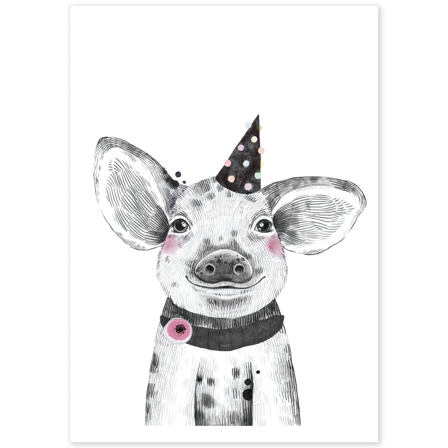 Lámina infantil Cerdo bebe con gorro de fiesta poster animales infantiles-Artwork-Nacnic-A4-Sin marco-Nacnic Estudio SL