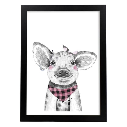 Lámina infantil Cerdo con bandana y pañuelo poster animales infantiles-Artwork-Nacnic-A4-Marco Negro-Nacnic Estudio SL