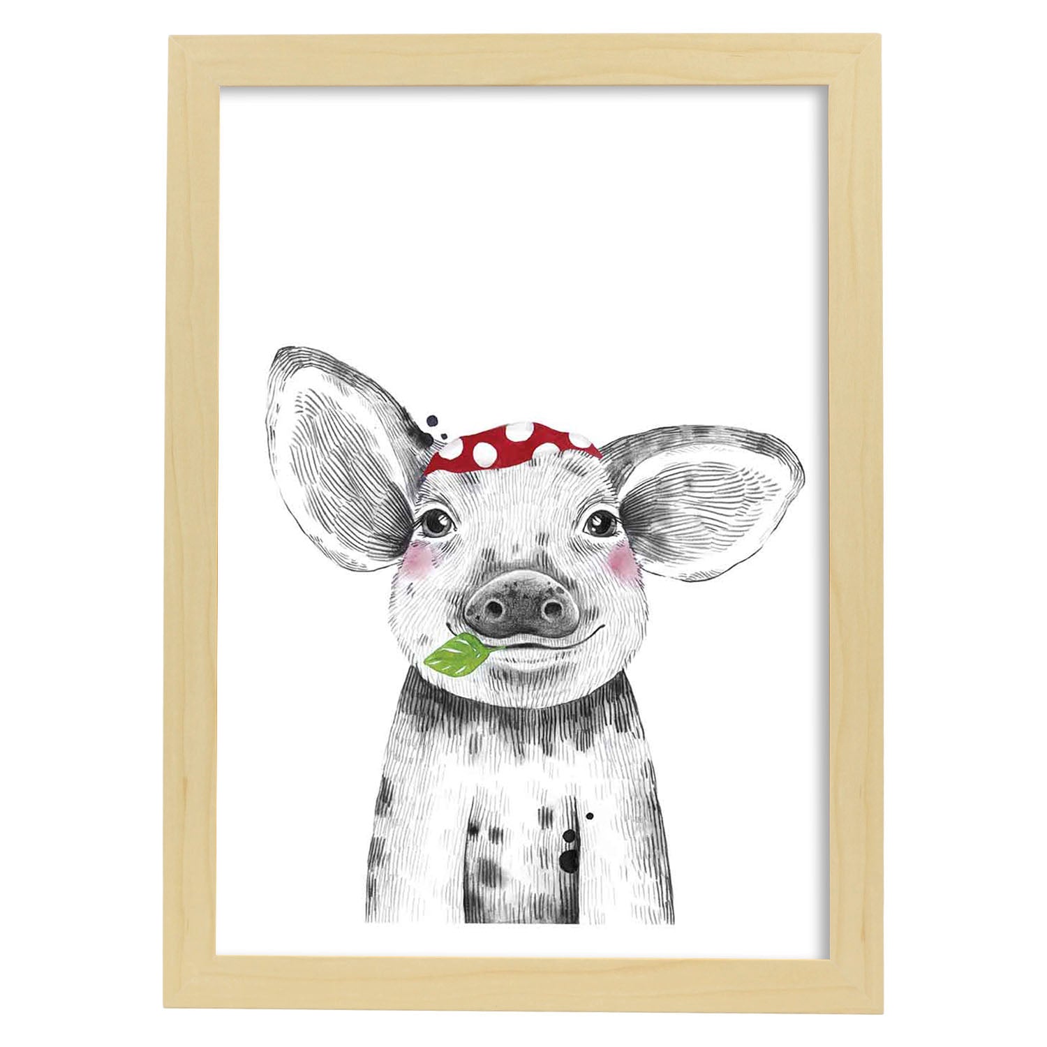 Lámina infantil Cerdo con pañuelo rojo poster animales infantiles-Artwork-Nacnic-A3-Marco Madera clara-Nacnic Estudio SL