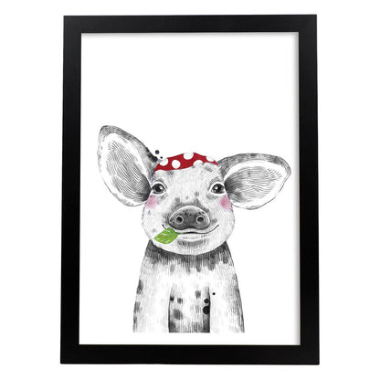 Lámina infantil Cerdo con pañuelo rojo poster animales infantiles-Artwork-Nacnic-A4-Marco Negro-Nacnic Estudio SL