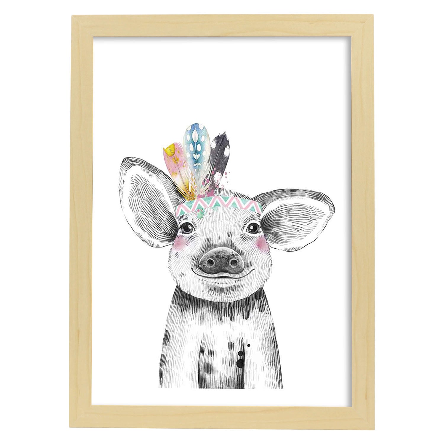 Lámina infantil Cerdo con plumas de colores poster animales infantiles-Artwork-Nacnic-A3-Marco Madera clara-Nacnic Estudio SL