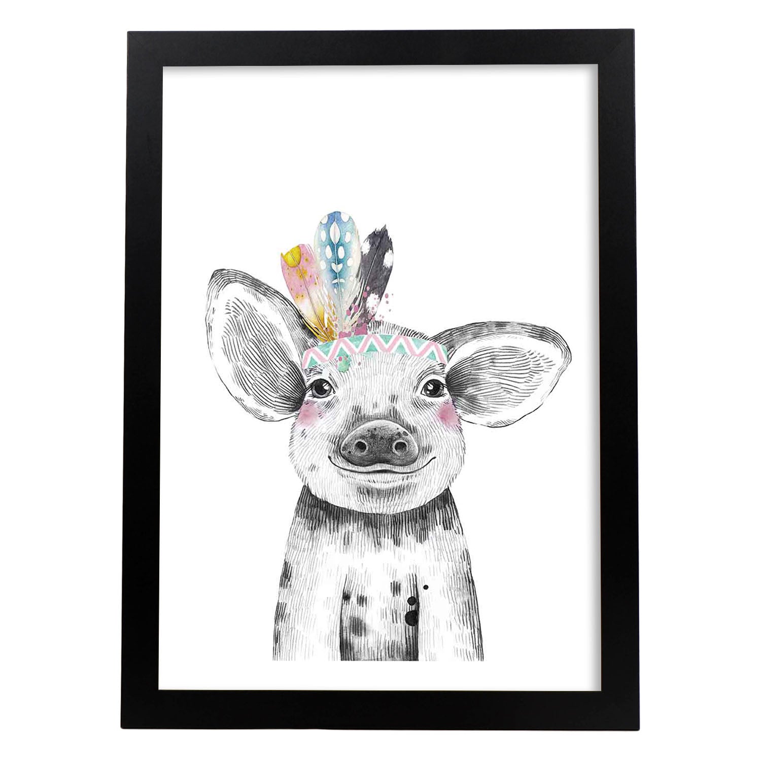 Lámina infantil Cerdo con plumas de colores poster animales infantiles-Artwork-Nacnic-A3-Marco Negro-Nacnic Estudio SL